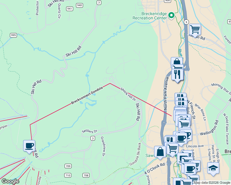 map of restaurants, bars, coffee shops, grocery stores, and more near 93 Penn Lode Drive in Breckenridge