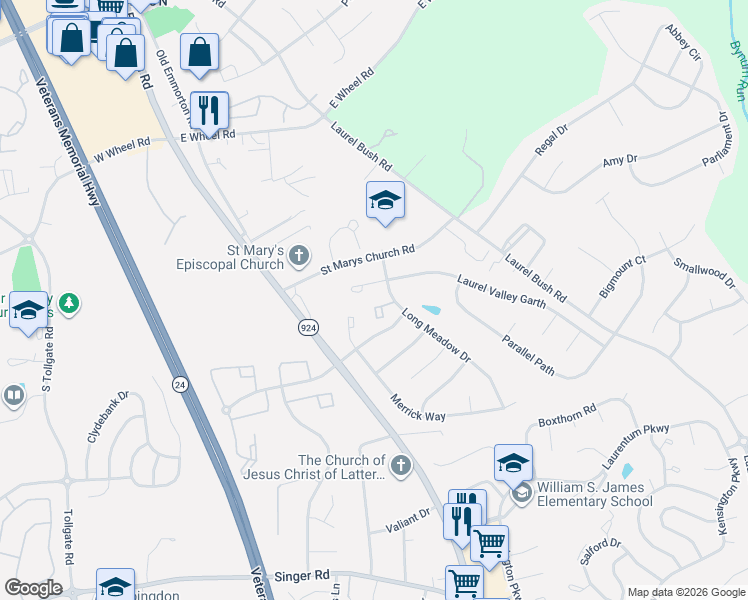 map of restaurants, bars, coffee shops, grocery stores, and more near 126 Long Meadow Court in Abingdon
