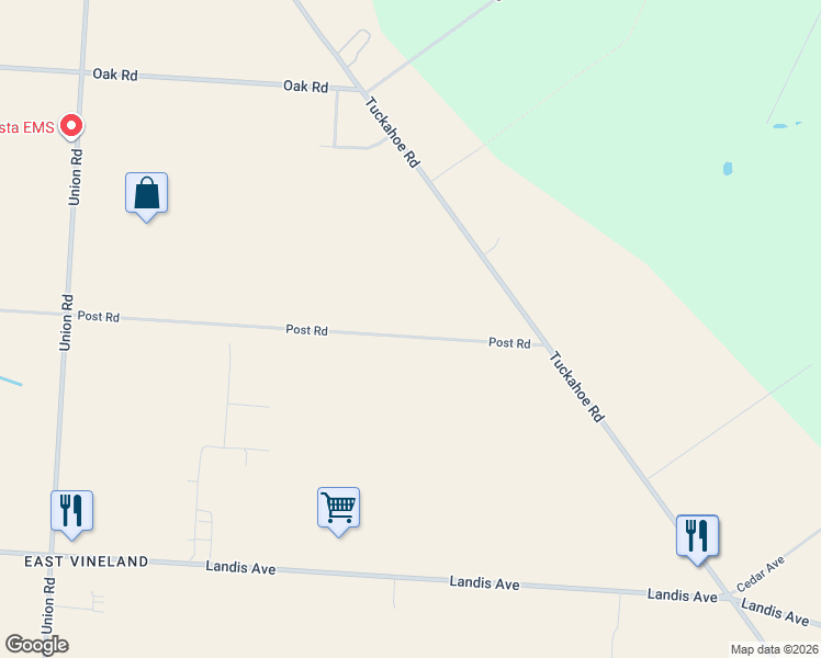 map of restaurants, bars, coffee shops, grocery stores, and more near 4603 Post Road in Vineland