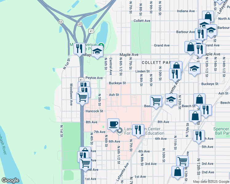 map of restaurants, bars, coffee shops, grocery stores, and more near 1735 Central Avenue in Terre Haute