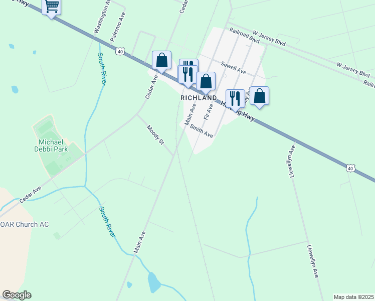 map of restaurants, bars, coffee shops, grocery stores, and more near 864 Main Avenue in Vineland