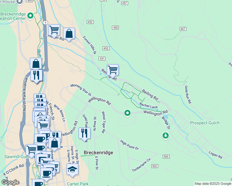 map of restaurants, bars, coffee shops, grocery stores, and more near 216 Corkscrew Drive in Breckenridge