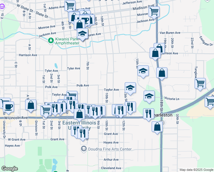 map of restaurants, bars, coffee shops, grocery stores, and more near 10th Street in Charleston