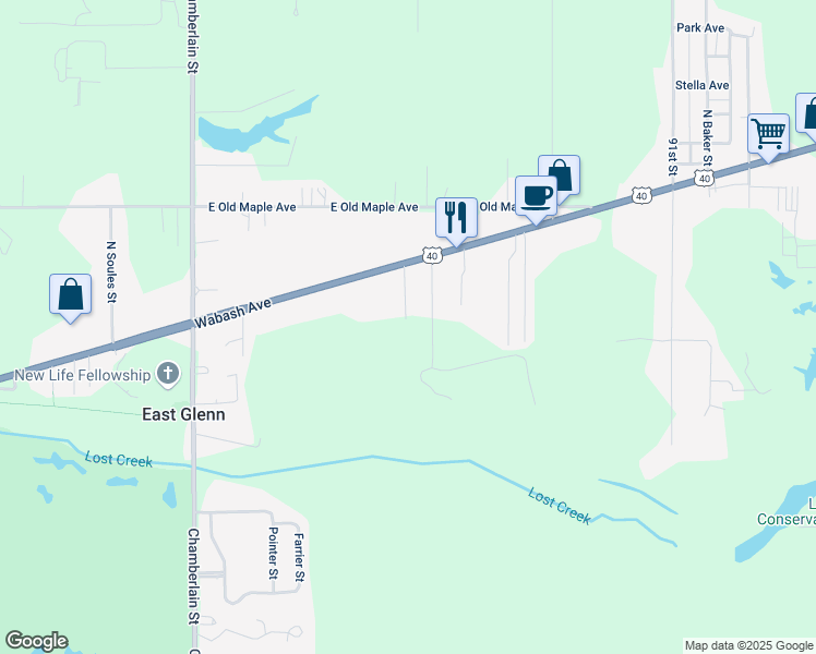 map of restaurants, bars, coffee shops, grocery stores, and more near 9 Glenn Ayre Street in Terre Haute