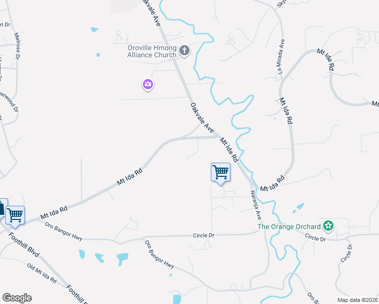 map of restaurants, bars, coffee shops, grocery stores, and more near 391 Mount Ida Road in Oroville
