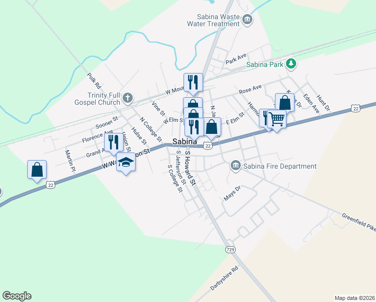 map of restaurants, bars, coffee shops, grocery stores, and more near 22 South Howard Street in Sabina