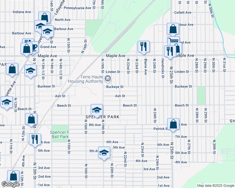 map of restaurants, bars, coffee shops, grocery stores, and more near 2023 Ash Street in Terre Haute