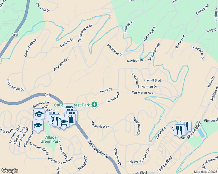 map of restaurants, bars, coffee shops, grocery stores, and more near 3655 Royer Court in Reno