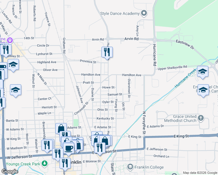 map of restaurants, bars, coffee shops, grocery stores, and more near 748 Hurricane Street in Franklin