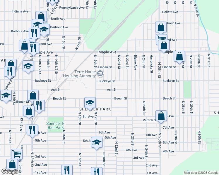 map of restaurants, bars, coffee shops, grocery stores, and more near 2023 Ash Street in Terre Haute