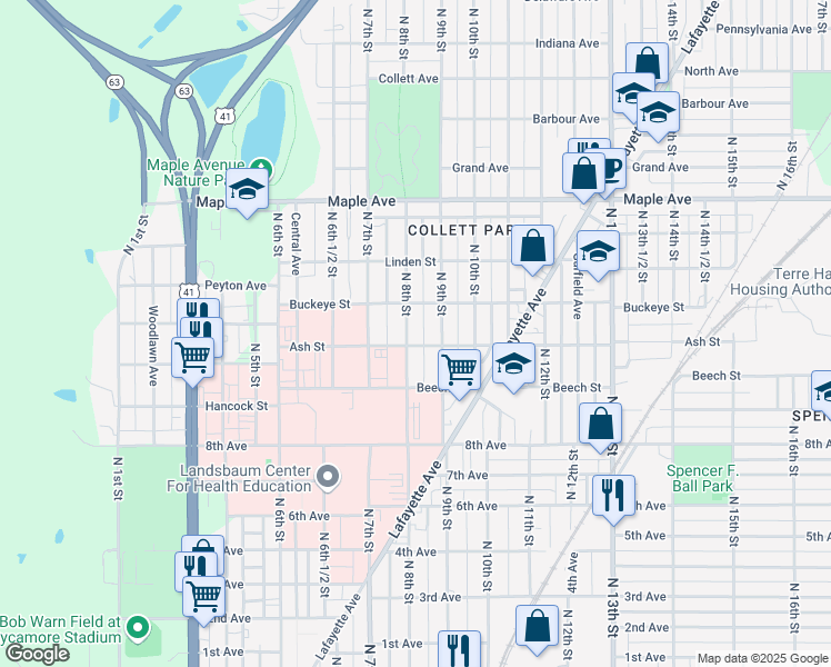 map of restaurants, bars, coffee shops, grocery stores, and more near 801 Ash Street in Terre Haute