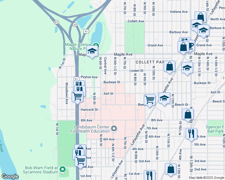map of restaurants, bars, coffee shops, grocery stores, and more near 1735 Central Avenue in Terre Haute