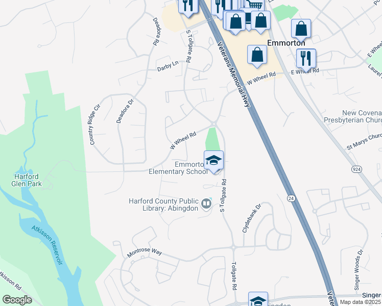 map of restaurants, bars, coffee shops, grocery stores, and more near 425 Amelanchier Court in Bel Air