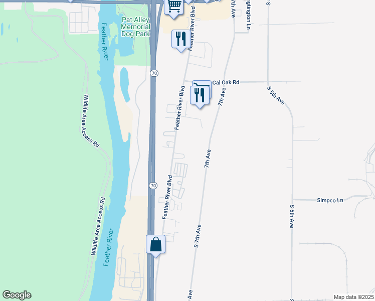 map of restaurants, bars, coffee shops, grocery stores, and more near 2775 Feather River Boulevard in Oroville