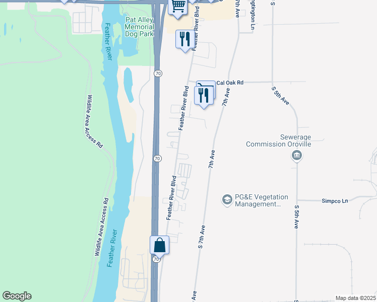 map of restaurants, bars, coffee shops, grocery stores, and more near 2775 Feather River Boulevard in Oroville