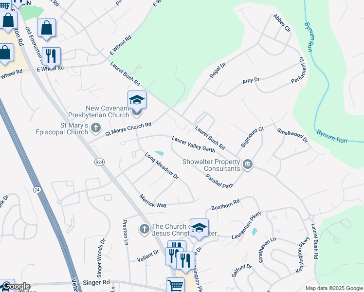 map of restaurants, bars, coffee shops, grocery stores, and more near 2606 Laurel Valley Garth in Abingdon