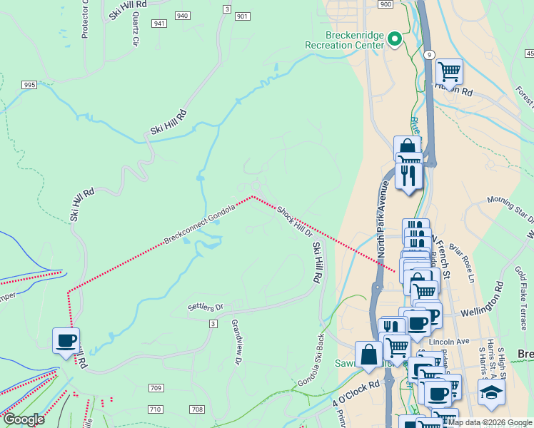 map of restaurants, bars, coffee shops, grocery stores, and more near 93 Penn Lode Drive in Breckenridge