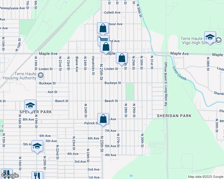 map of restaurants, bars, coffee shops, grocery stores, and more near 1808 North 26th Street in Terre Haute