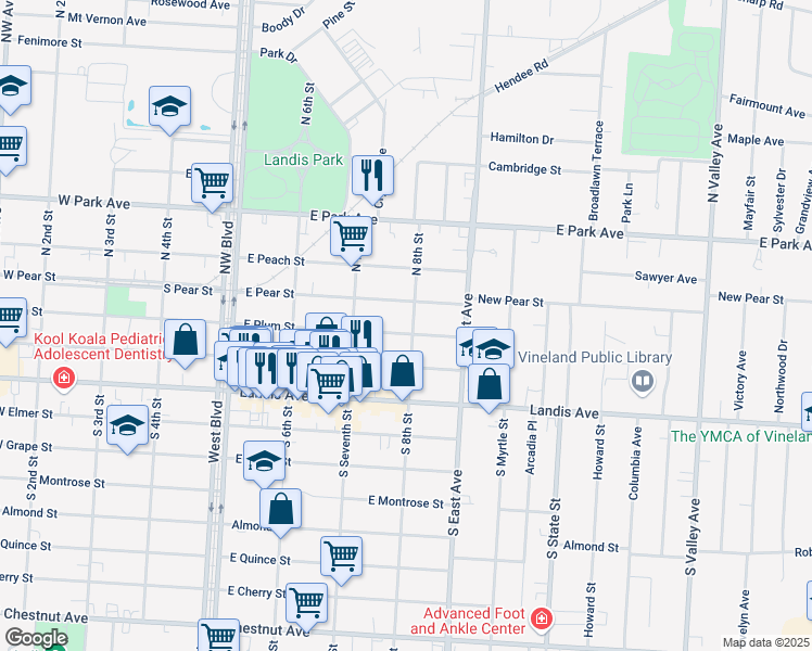 map of restaurants, bars, coffee shops, grocery stores, and more near 726 East Wood Street in Vineland