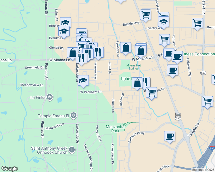 map of restaurants, bars, coffee shops, grocery stores, and more near 600 West Peckham Lane in Reno