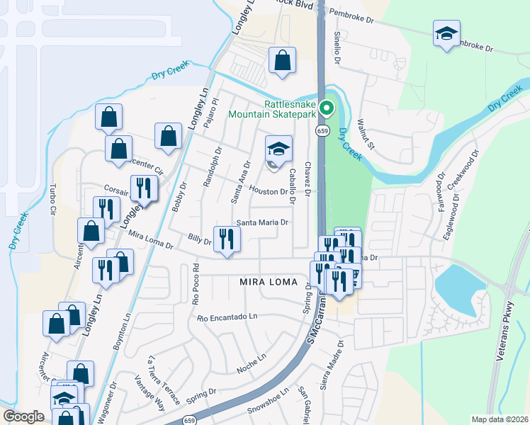 map of restaurants, bars, coffee shops, grocery stores, and more near 4280 Santa Maria Drive in Reno