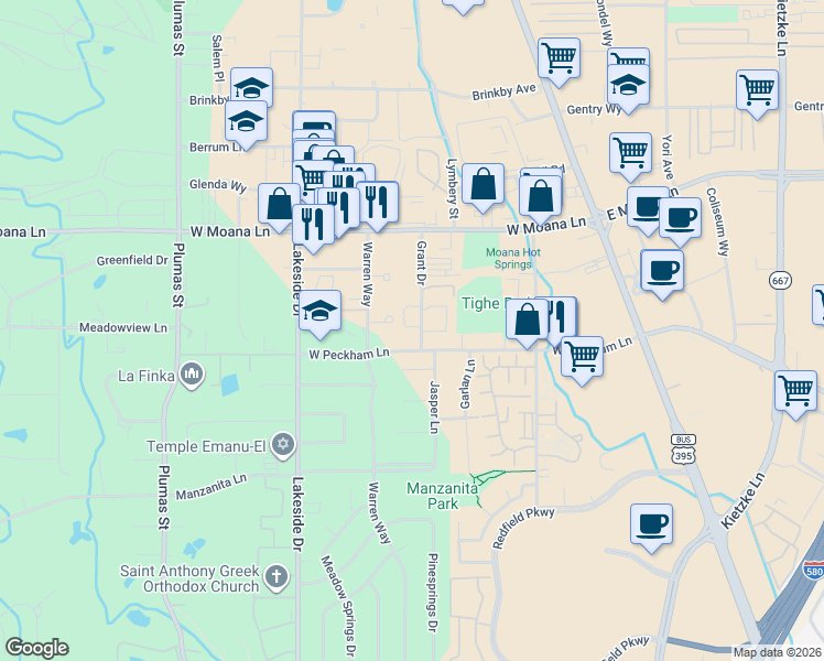 map of restaurants, bars, coffee shops, grocery stores, and more near 600 West Peckham Lane in Reno