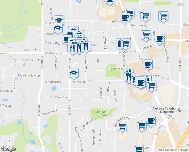 map of restaurants, bars, coffee shops, grocery stores, and more near 600 West Peckham Lane in Reno