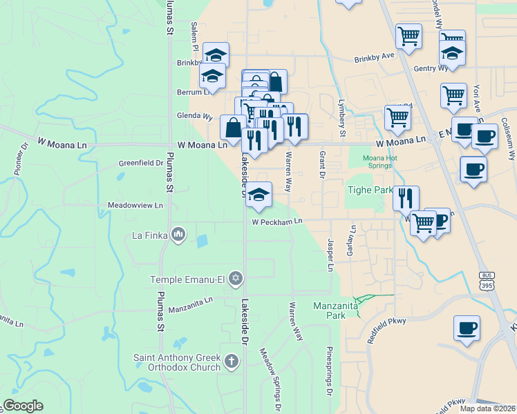 map of restaurants, bars, coffee shops, grocery stores, and more near 931 West Peckham Lane in Reno