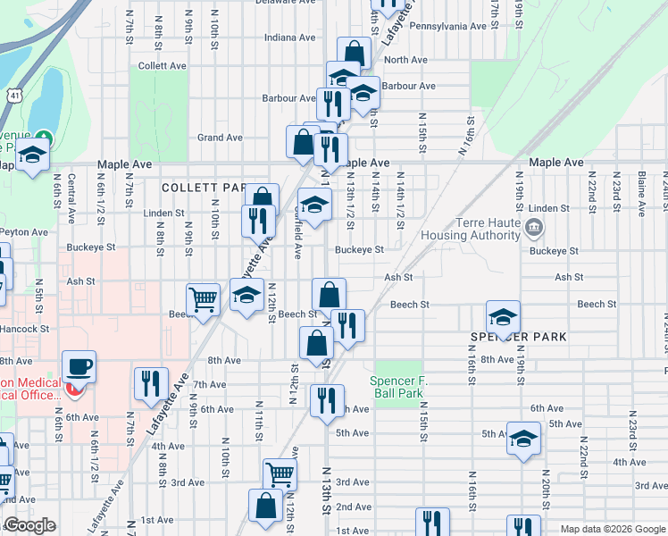 map of restaurants, bars, coffee shops, grocery stores, and more near 1837 North 13th Street in Terre Haute