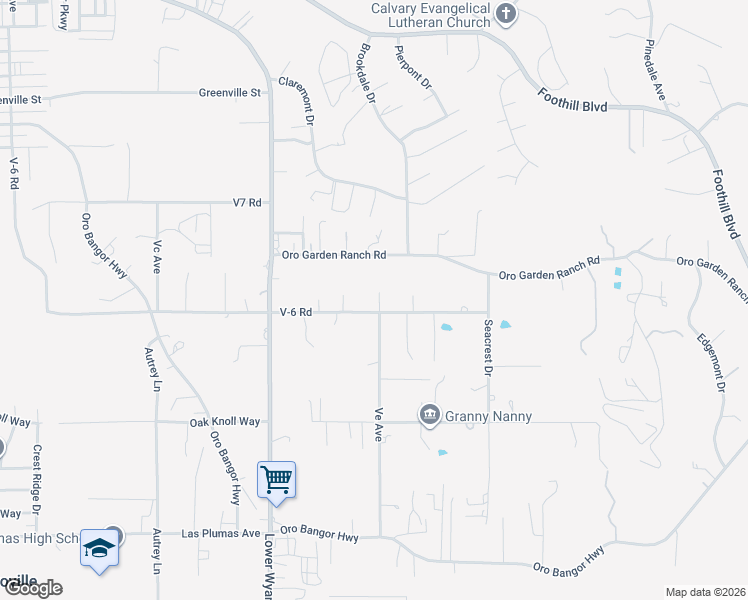 map of restaurants, bars, coffee shops, grocery stores, and more near 2589 V-6 Road in Oroville
