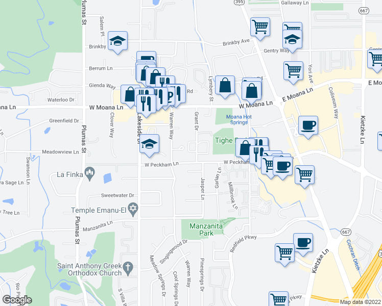 map of restaurants, bars, coffee shops, grocery stores, and more near 3687 Grant Drive in Reno