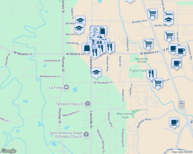 map of restaurants, bars, coffee shops, grocery stores, and more near 931 West Peckham Lane in Reno
