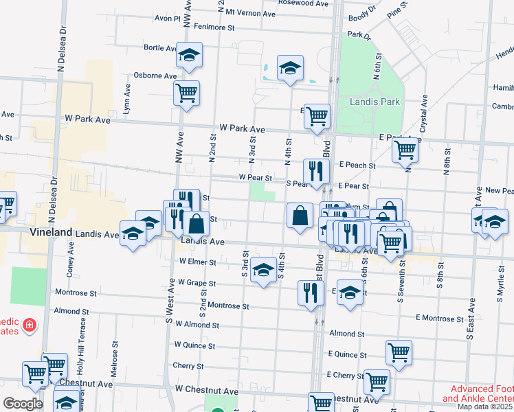 map of restaurants, bars, coffee shops, grocery stores, and more near 303 West Plum Street in Vineland