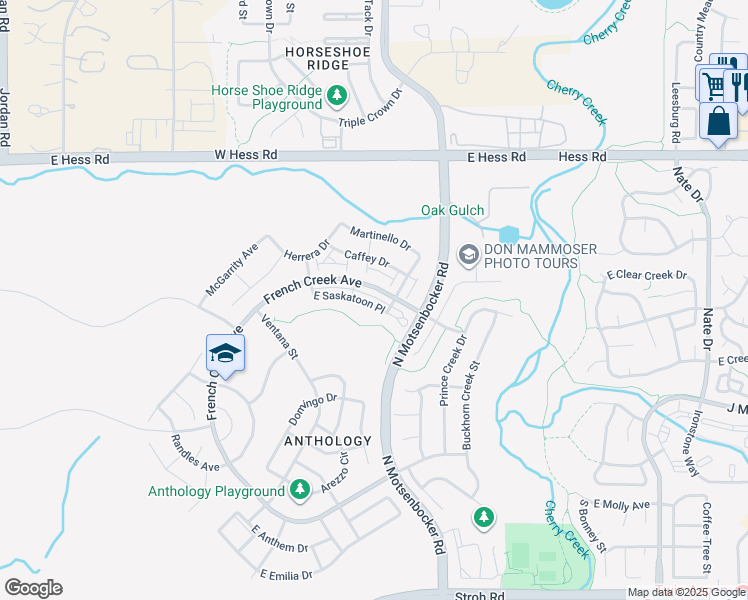 map of restaurants, bars, coffee shops, grocery stores, and more near 18225 East Saskatoon Place in Parker