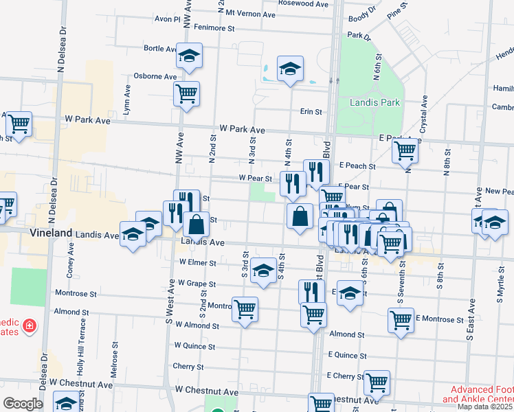 map of restaurants, bars, coffee shops, grocery stores, and more near 303 West Plum Street in Vineland