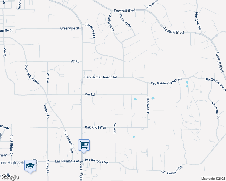 map of restaurants, bars, coffee shops, grocery stores, and more near 2589 V-6 Road in Oroville