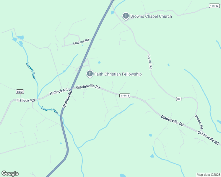 map of restaurants, bars, coffee shops, grocery stores, and more near 118 Gladesville Road in Morgantown