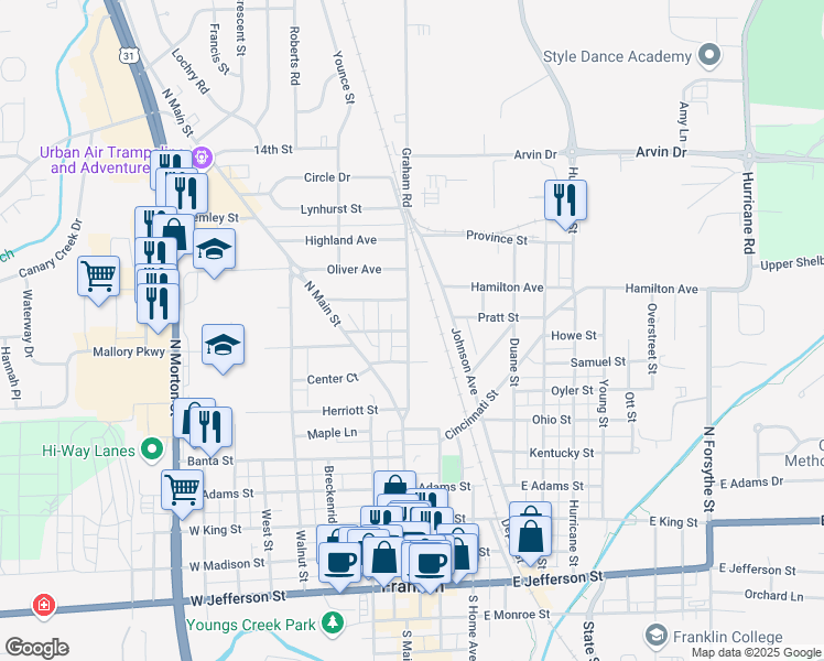 map of restaurants, bars, coffee shops, grocery stores, and more near 801 Graham Road in Franklin