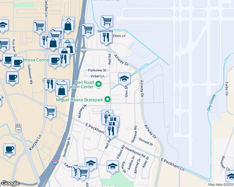 map of restaurants, bars, coffee shops, grocery stores, and more near 3870 Neil Road in Reno