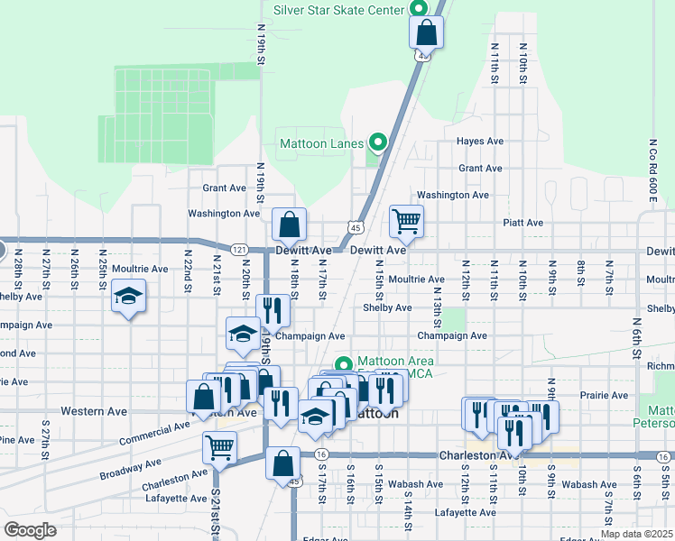 map of restaurants, bars, coffee shops, grocery stores, and more near 1577-1611 Dewitt Avenue in Mattoon