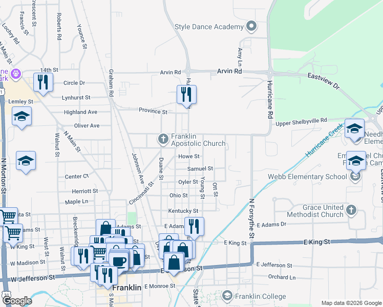 map of restaurants, bars, coffee shops, grocery stores, and more near 898 Hurricane Street in Franklin