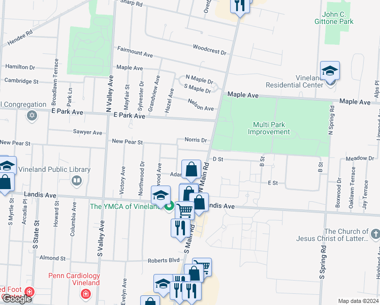 map of restaurants, bars, coffee shops, grocery stores, and more near 1169 New Pear Street in Vineland
