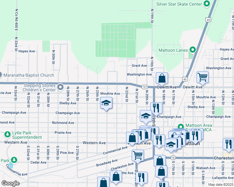 map of restaurants, bars, coffee shops, grocery stores, and more near 601 North 23rd Street in Mattoon