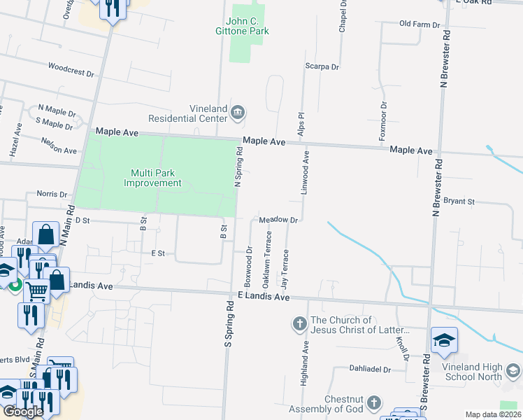 map of restaurants, bars, coffee shops, grocery stores, and more near 2094 Meadow Dr in Vineland