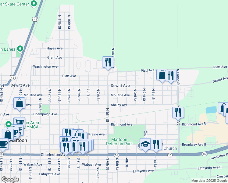 map of restaurants, bars, coffee shops, grocery stores, and more near 501-507 Dewitt Avenue in Mattoon