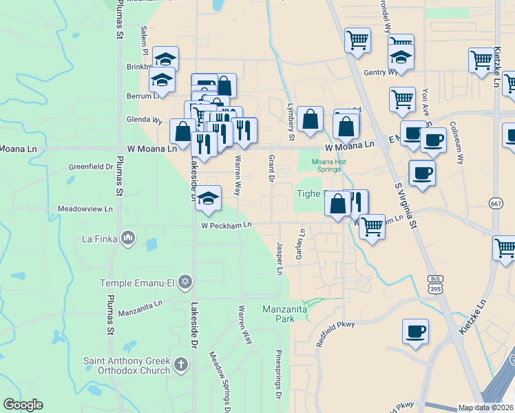 map of restaurants, bars, coffee shops, grocery stores, and more near 3665 Grant Drive in Reno