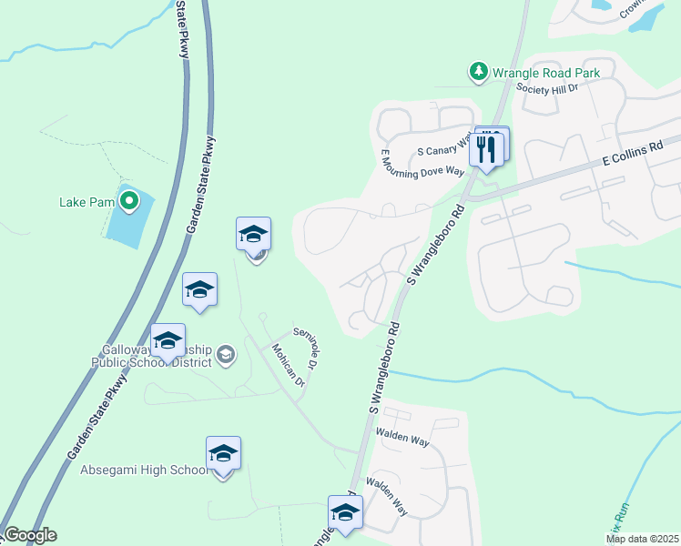 map of restaurants, bars, coffee shops, grocery stores, and more near 116 Club Place in Galloway