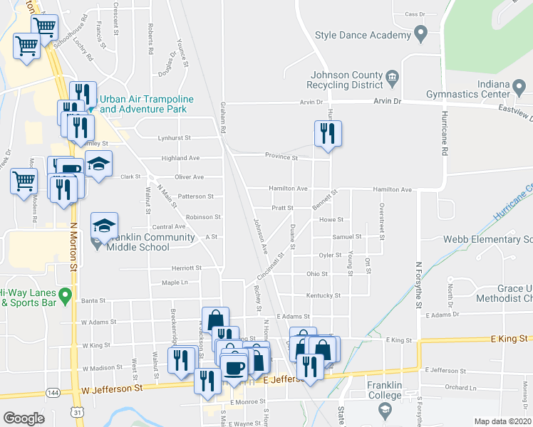 map of restaurants, bars, coffee shops, grocery stores, and more near 200 Pratt Street in Franklin