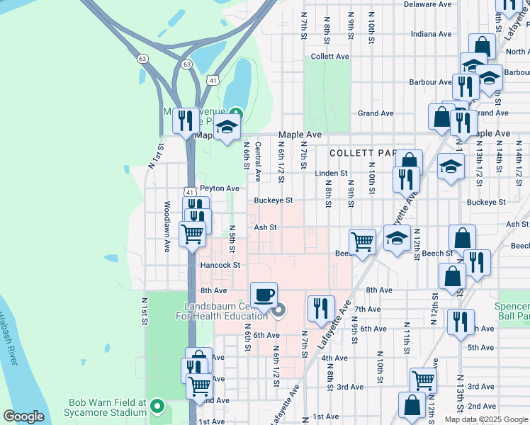 map of restaurants, bars, coffee shops, grocery stores, and more near Buckeye Street in Terre Haute