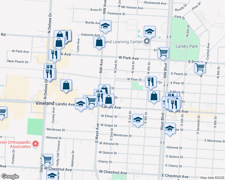 map of restaurants, bars, coffee shops, grocery stores, and more near 217 North 2nd Street in Vineland